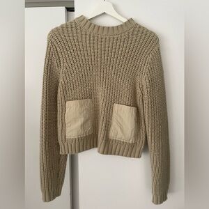 Zara Olive Green Chunky Crewneck Sweater with Front Pockets